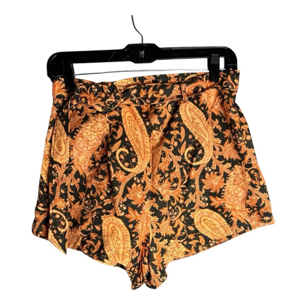 Charlie Holiday Black and Tan Paisley Print High Waist Belted Shorts 6